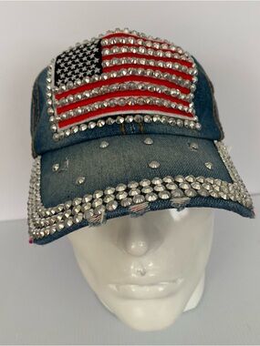 Embellished Denim Baseball Cap with Rhinestone American Flag